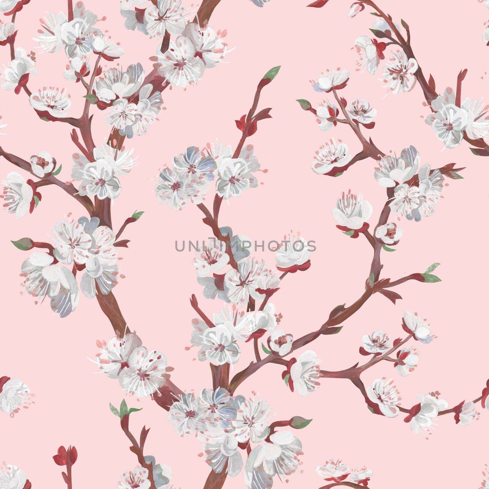 Botanical seamless pattern with sakura cherry branch drawn in gouache by MarinaVoyush