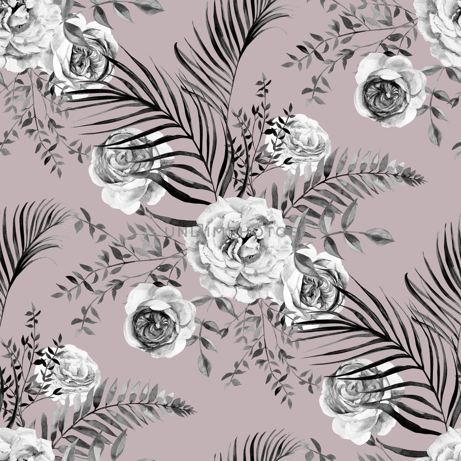 Seamless black and white watercolor pattern with flowers of delicate roses and dry branche by MarinaVoyush