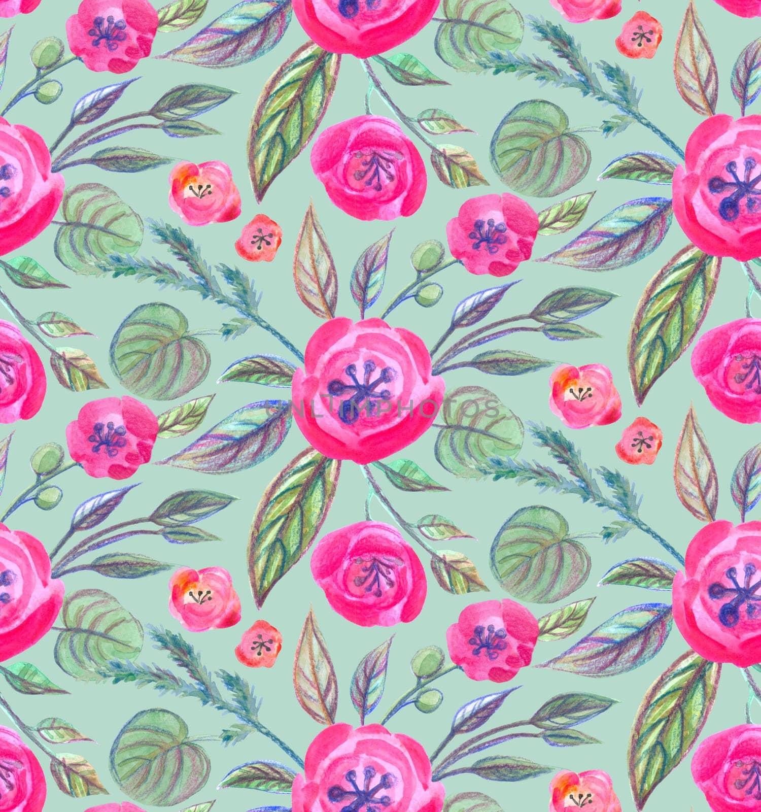 cute floral seamless pattern with pink flowers watercolor and pencil on green background