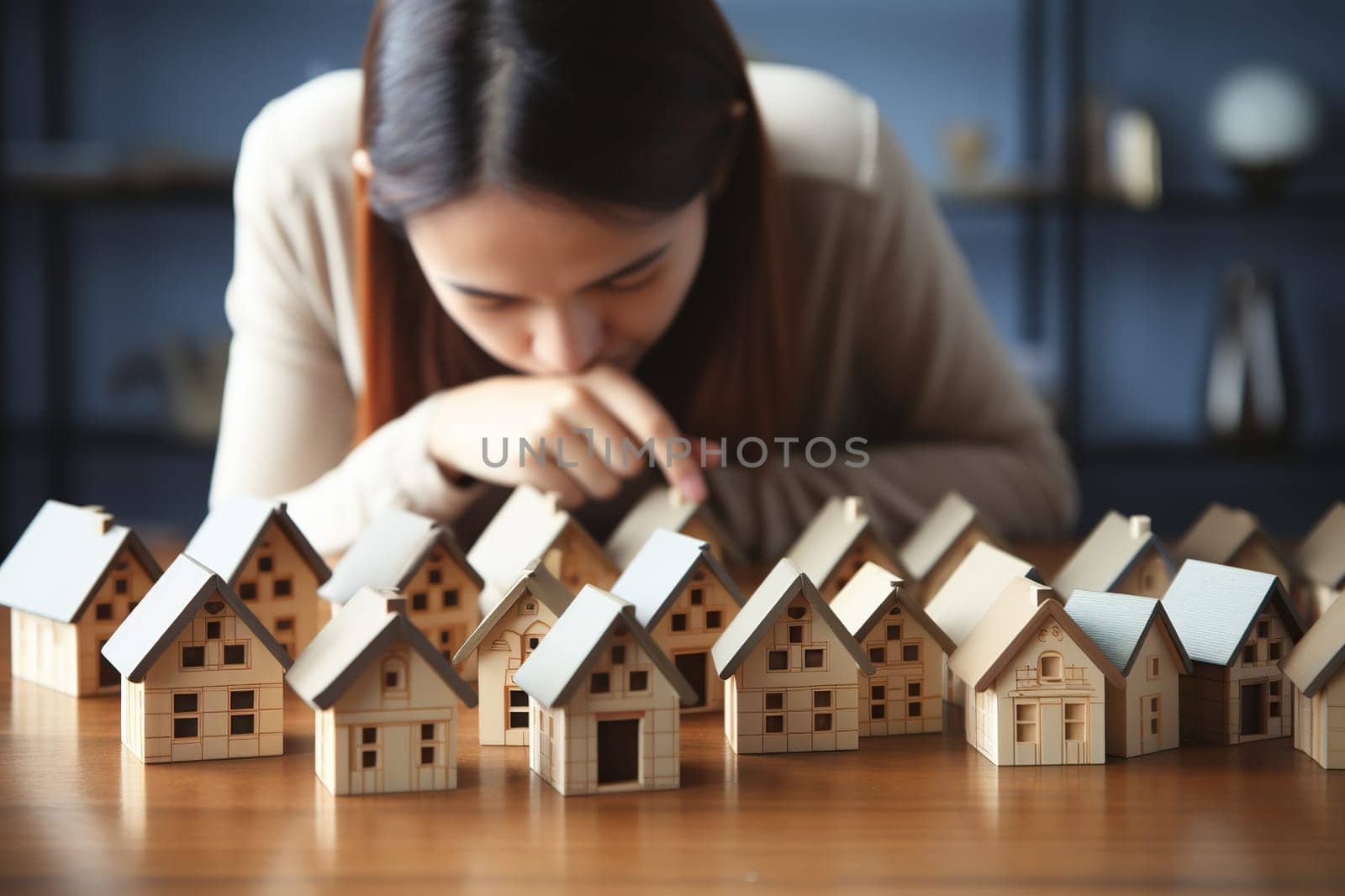 Difficulty finding housing. Wooden house models on the table next to the girl. Generated by artificial intelligence by Vovmar