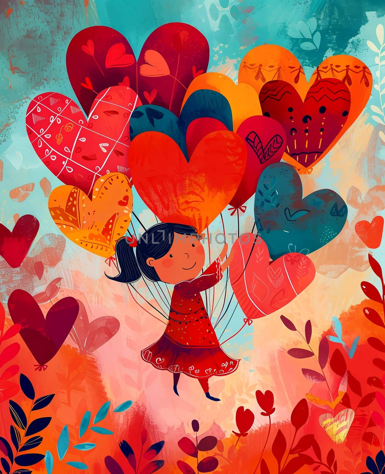 Romantic cards for Valentine's Day, boy and girl with a heart-shaped balloon. AI generated.