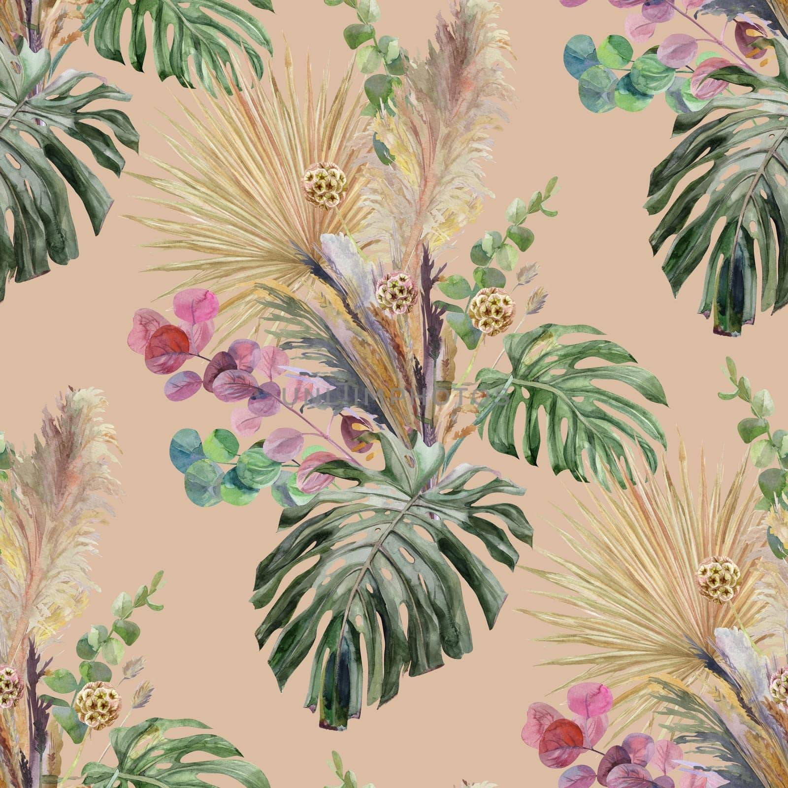 Seamless watercolor botanical pattern with a dry bouquet of palm and monstera leaves on a beige background for textile and surface design