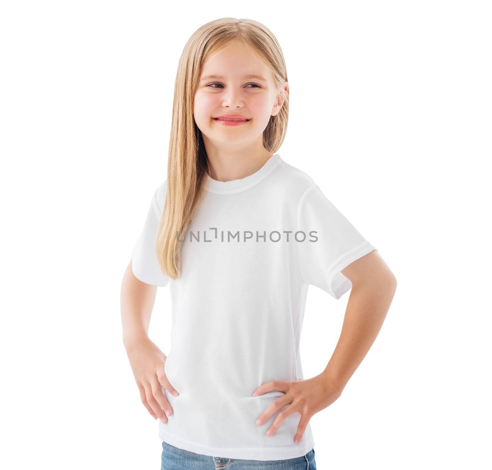 Beautiful little girl posing in a white blank t-shirt isolated on a white background