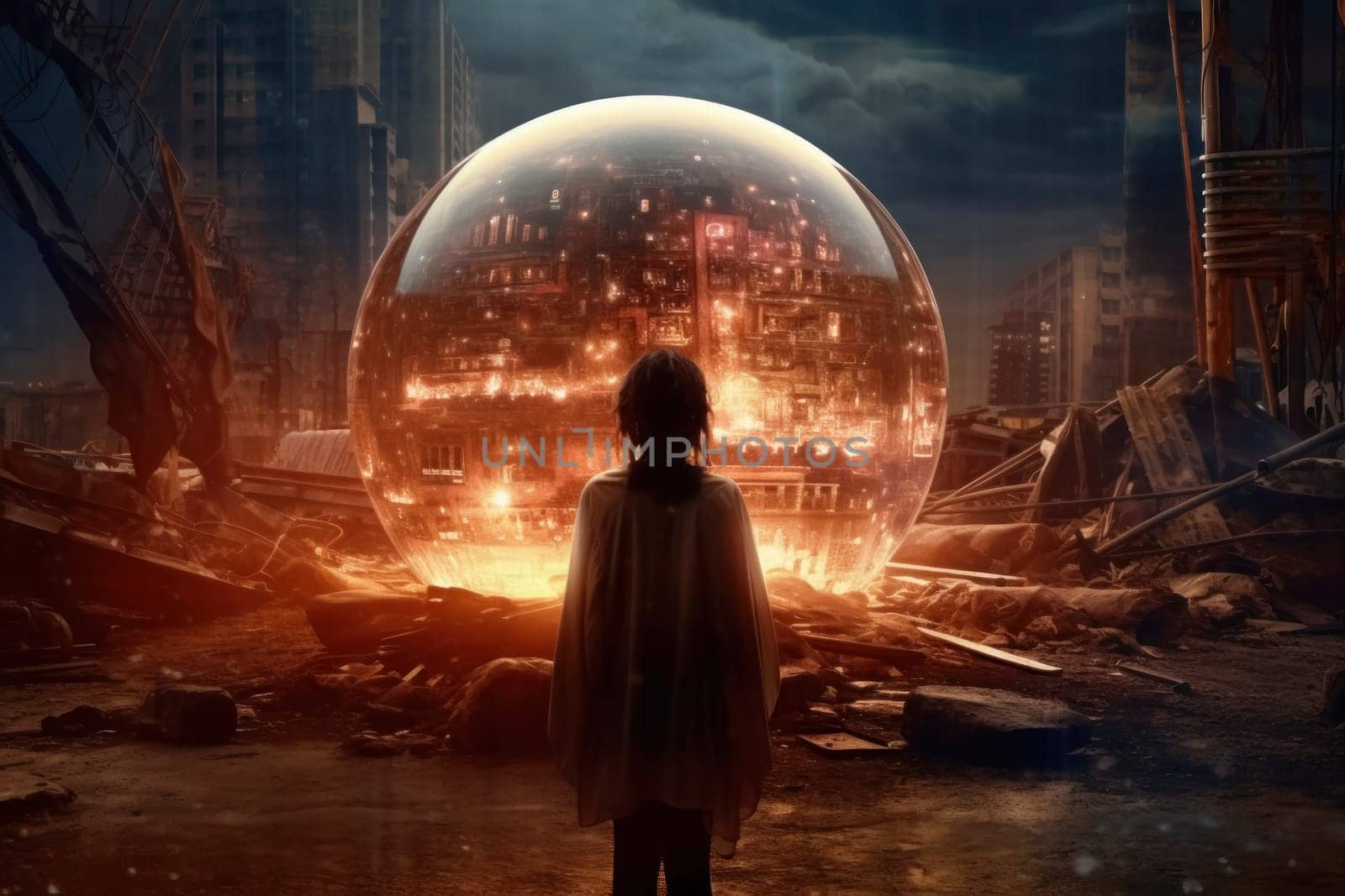 A post-apocalyptic view of a person facing a glowing, futuristic city encased in a crystal sphere amidst ruins.