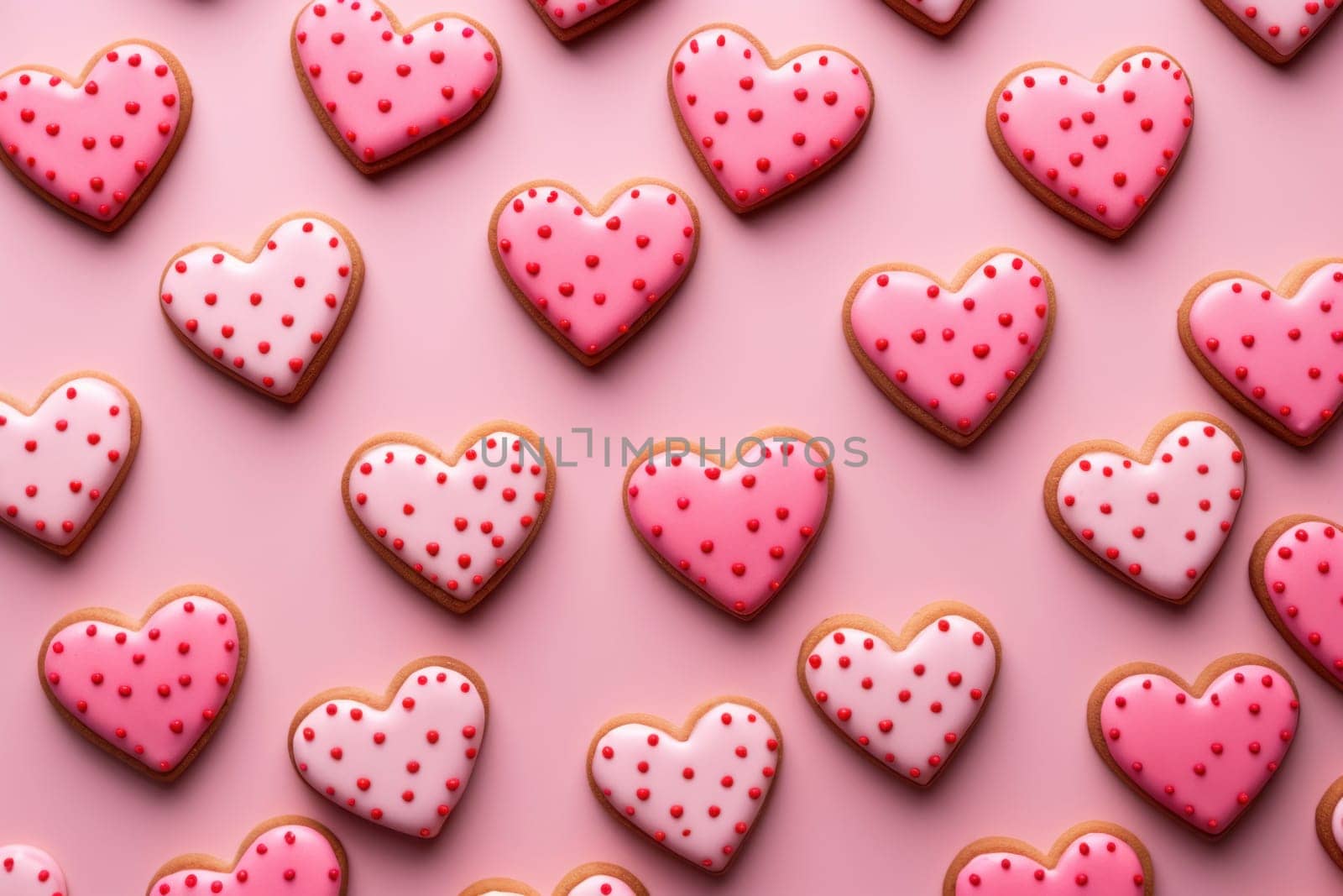 Assorted heart-shaped cookies decorated with pink and red icing and white sprinkles, on a pink background.