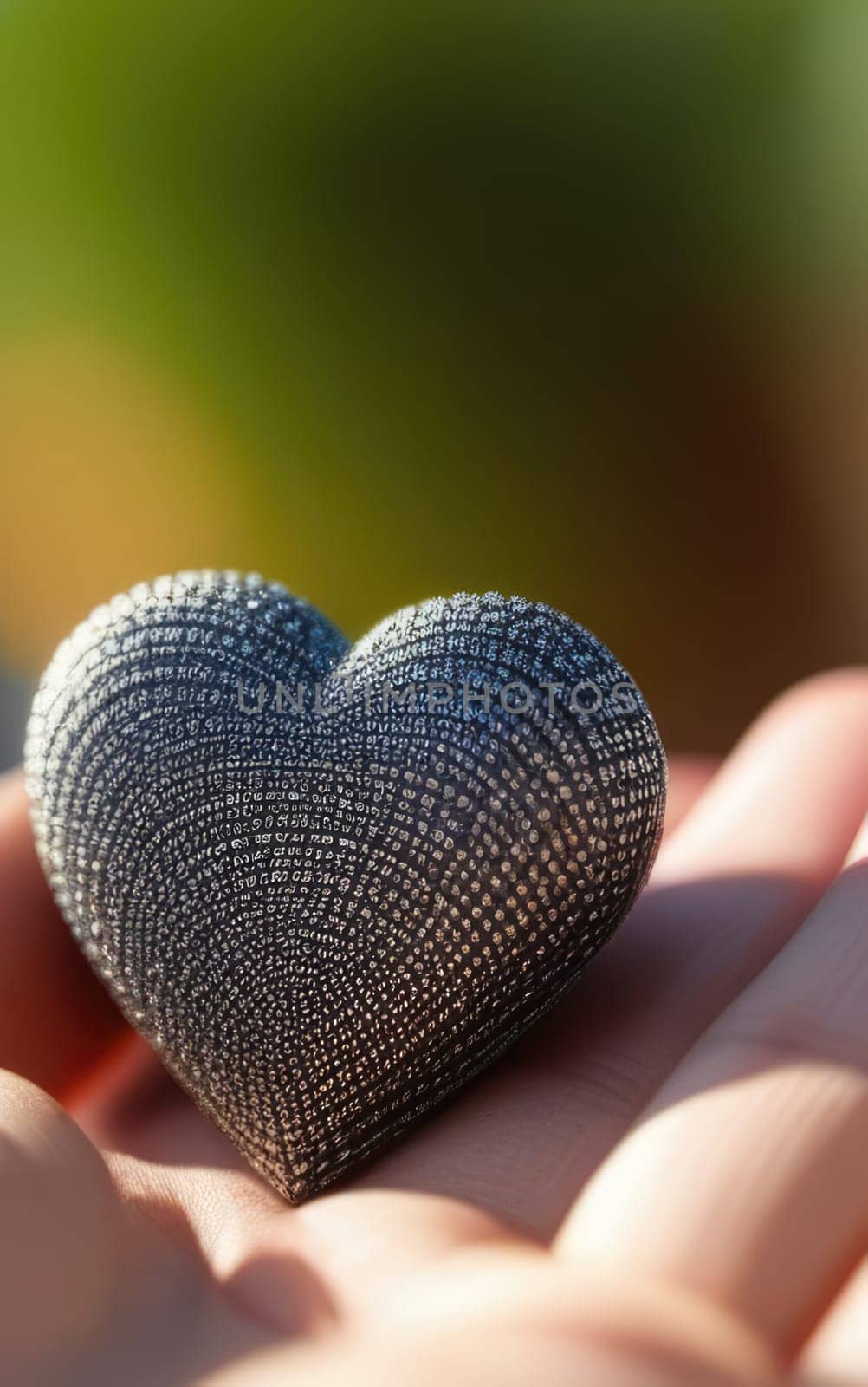 Beautiful fluffy voluminous metallic heart lies on palm in closeup. Womans hand holds heart on blurred background. Copy space. For valentines, mothers day greeting card, love sale banner, voucher