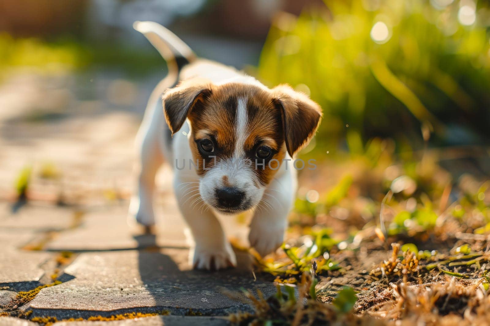 A small brown and white dog confidently walks on a busy urban sidewalk.