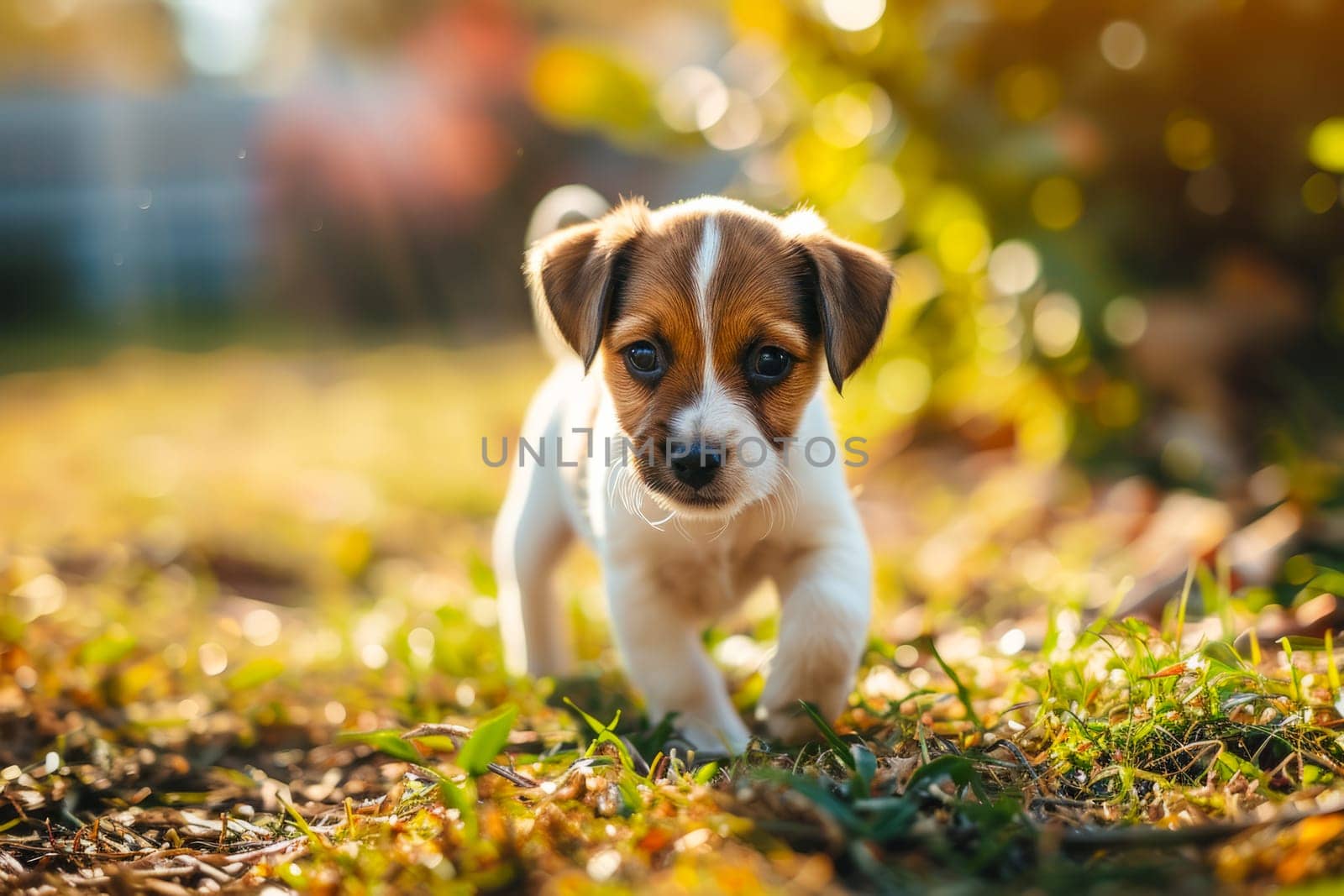 A small brown and white dog stands on top of a grass-covered field under a blue sky.