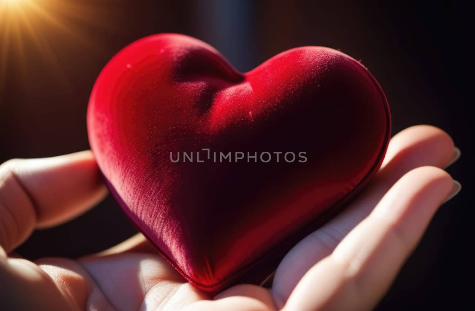 Beautiful fluffy voluminous red velvet heart lies on palm in closeup. Womans hand holds heart on blurred background. Copy space. For valentines, mothers day greeting card, love sale banner, voucher
