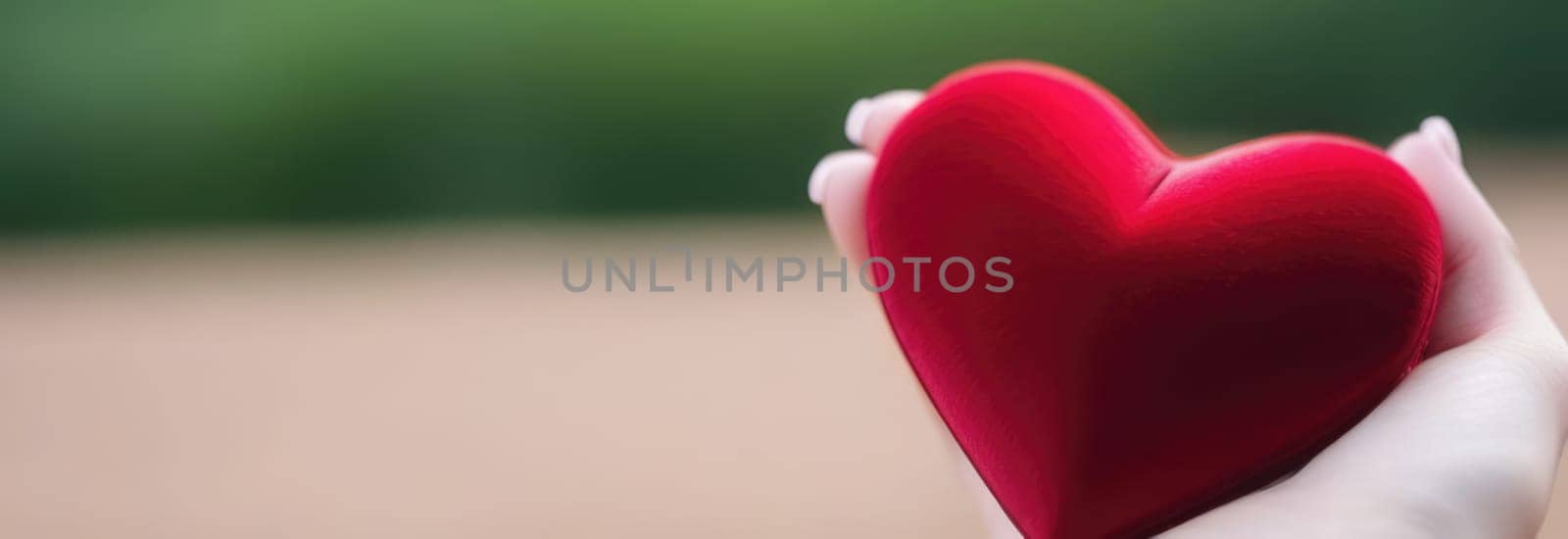 Beautiful fluffy voluminous red velvet heart lies on palm in closeup. Womans hand holds heart on blurred background. Copy space. For valentines, mothers day greeting card, love sale banner, voucher