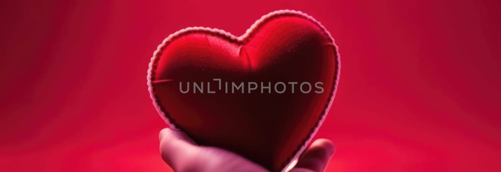 Beautiful fluffy voluminous red velvet heart lies on palm in closeup. Womans hand holds heart on blurred background. Copy space. For valentines, mothers day greeting card, love sale banner, voucher