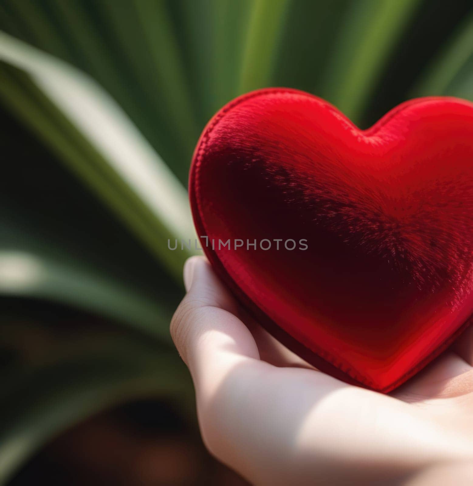 Beautiful fluffy voluminous red velvet heart lies on palm in closeup. Womans hand holds heart on blurred background. Copy space. For valentines, mothers day greeting card, love sale banner, voucher