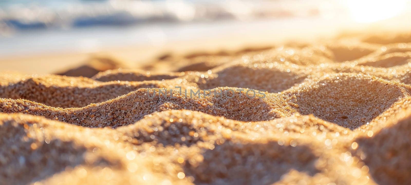 The warm glow of sunrise illuminating the textures of a golden sandy beach.