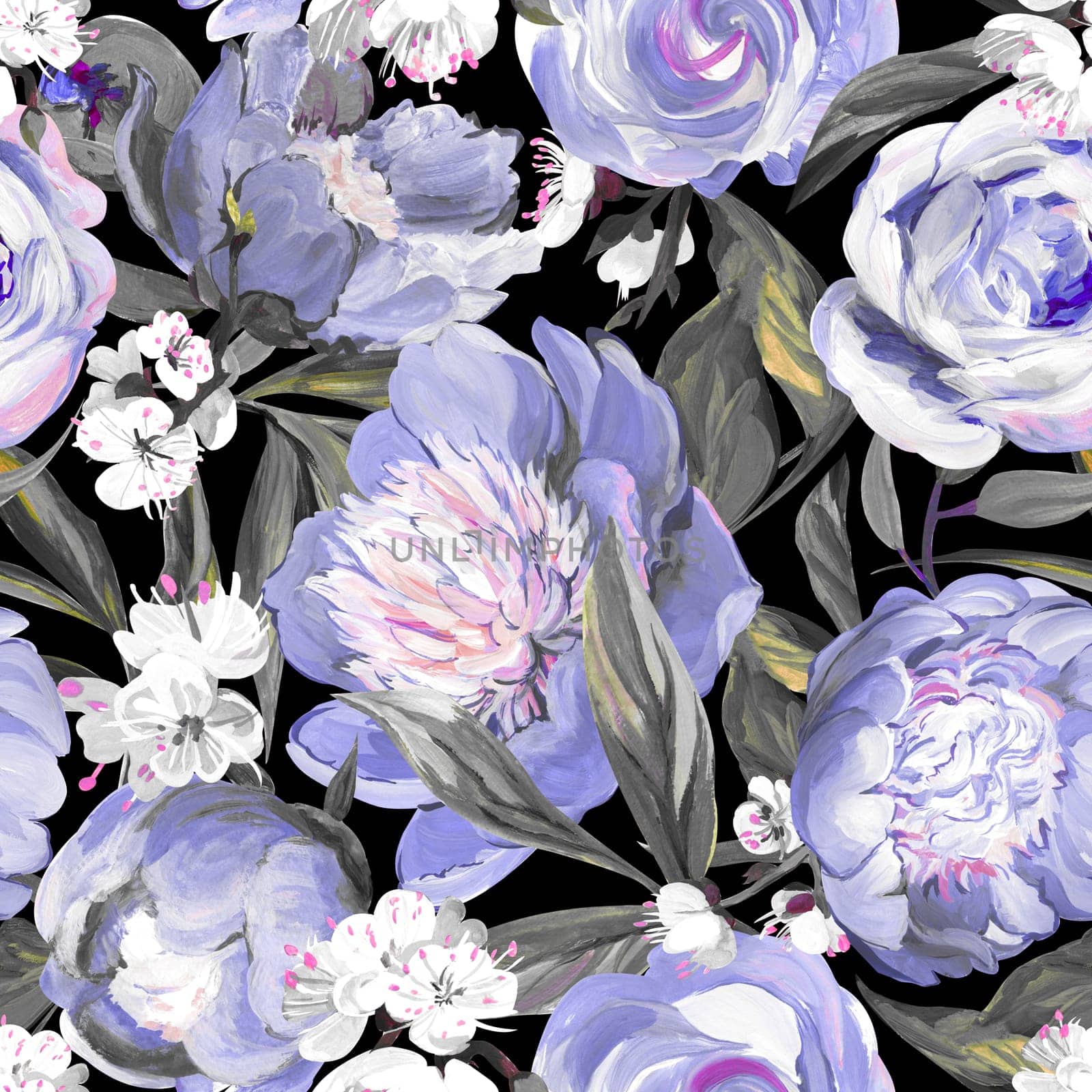 Botanical seamless pattern with peonies and sakura branches drawn in gouache by MarinaVoyush