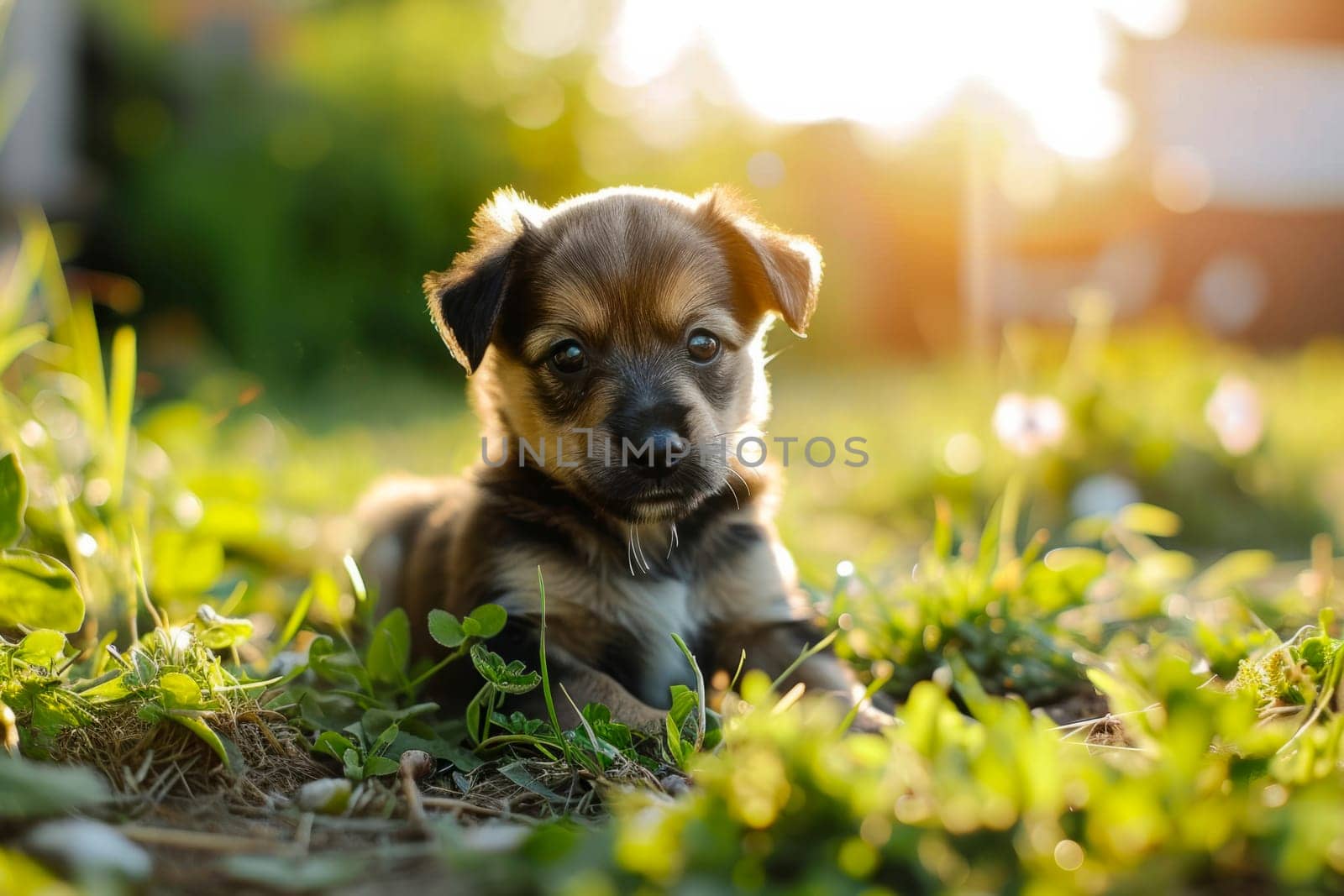 A small brown and black dog peacefully rests on the grass, with its body relaxed and its gaze focused on the surroundings.
