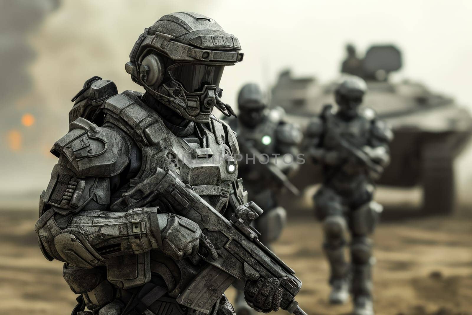 A group of soldiers in uniform walking in formation across a rugged dirt field during military training.