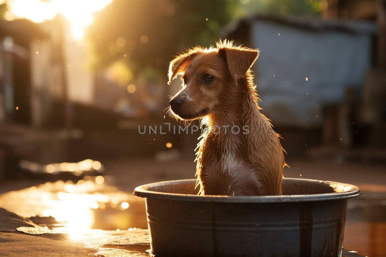 A funny puppy in an old rustic basin in splashes of water and rays of sun.