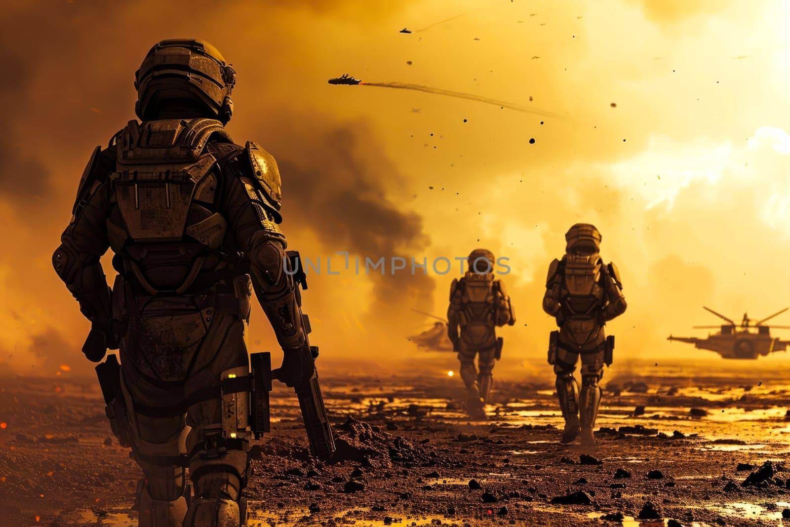 A group of soldiers dressed in camouflage uniforms and carrying rifles make their way through a barren desert landscape.