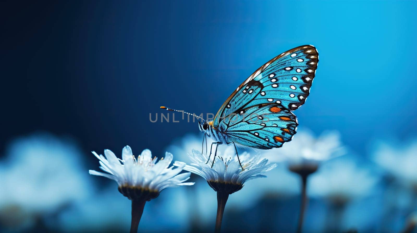 Beautiful blue butterfly on blue flowers on a blue bokeh background.