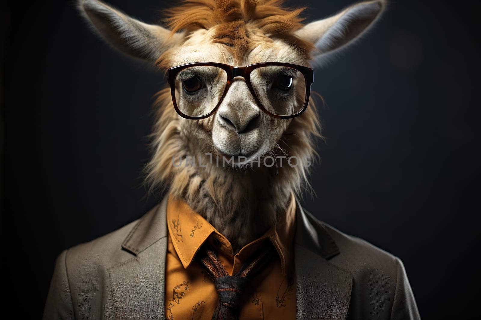 Lama in a business suit and glasses on a dark background.