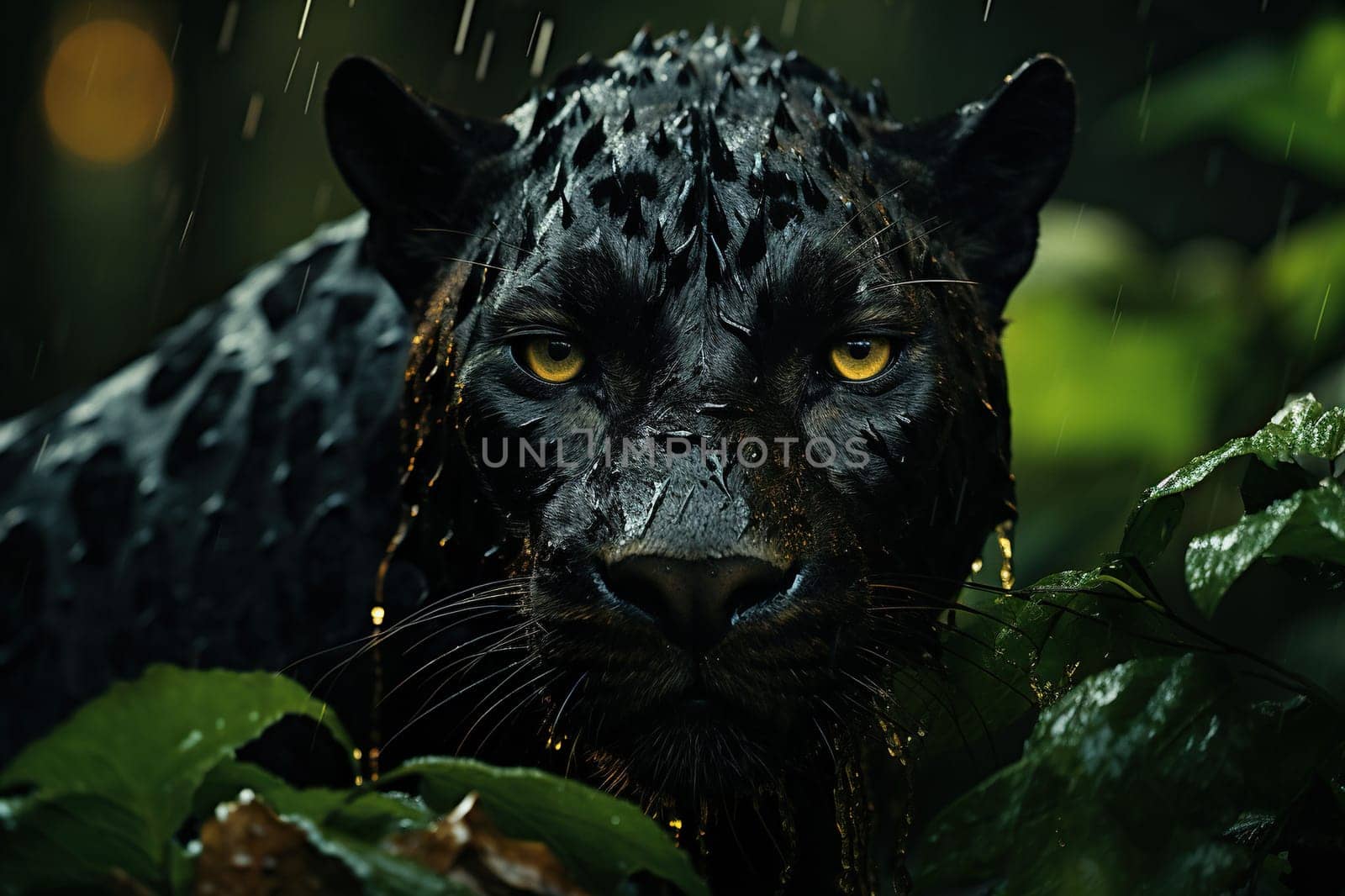Portrait of a black panther, leopard with yellow eyes in the jungle.