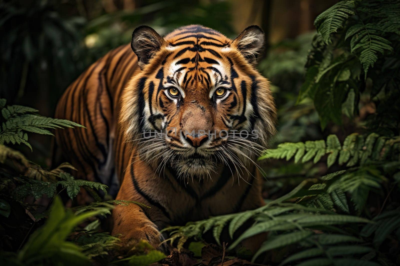 Portrait of an adult tiger in the jungle.