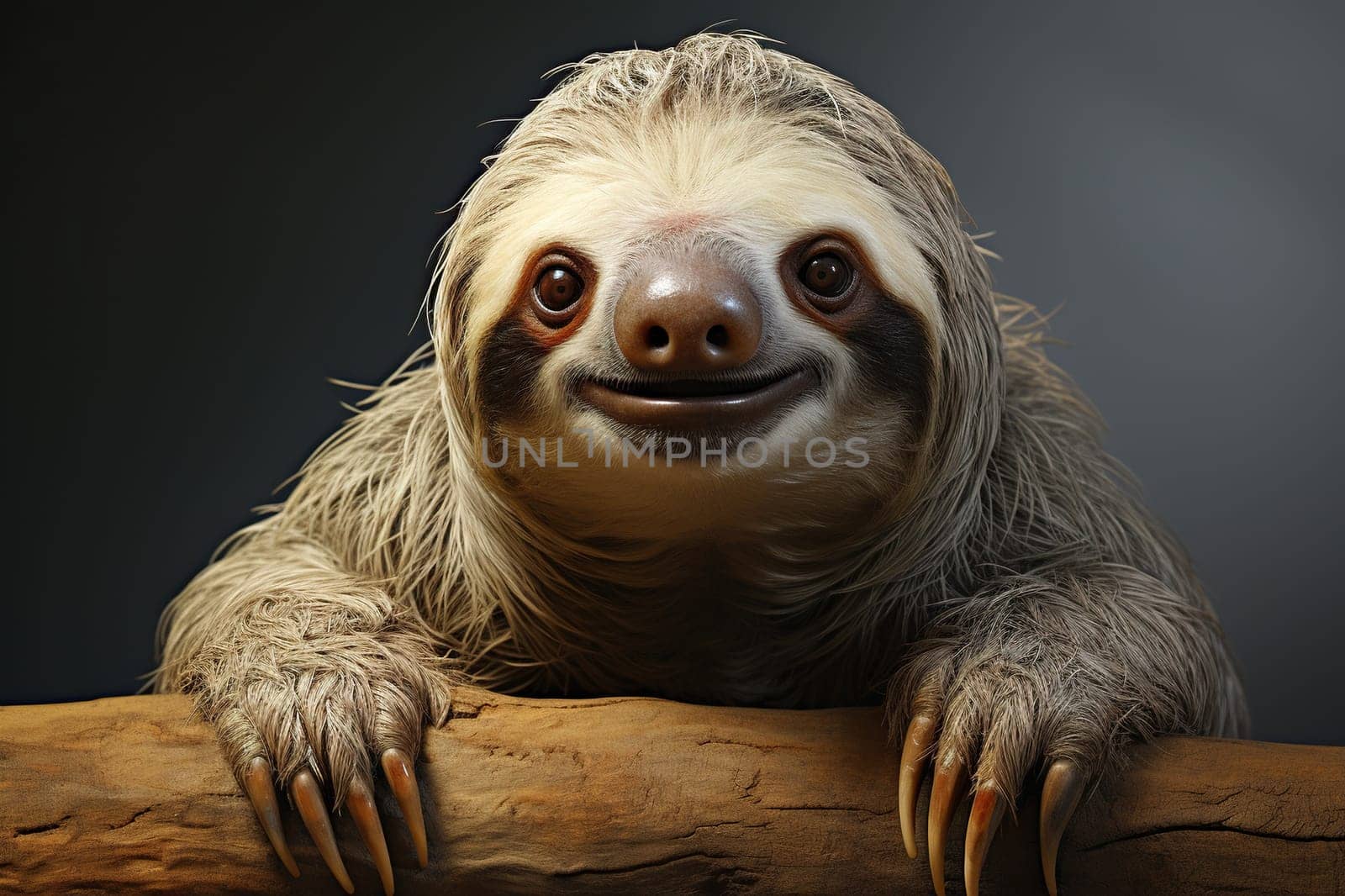 Cute sloth holding on to a tree and looking at the camera.
