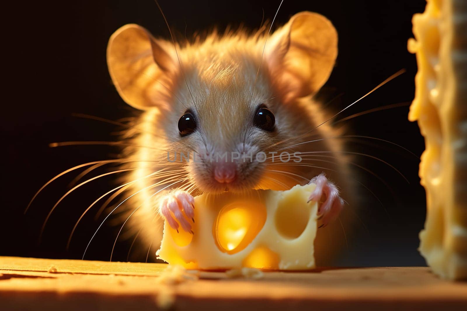 Little cute mouse eats a big piece of cheese.