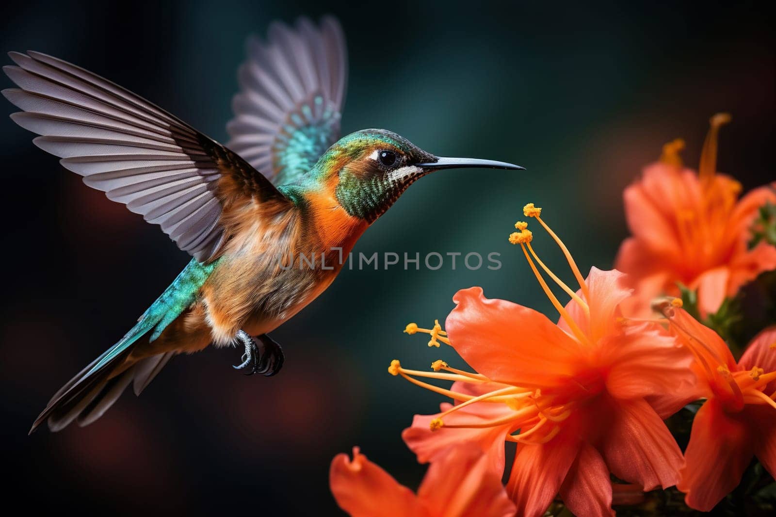 The hummingbird bird drinks nectar from flowers.