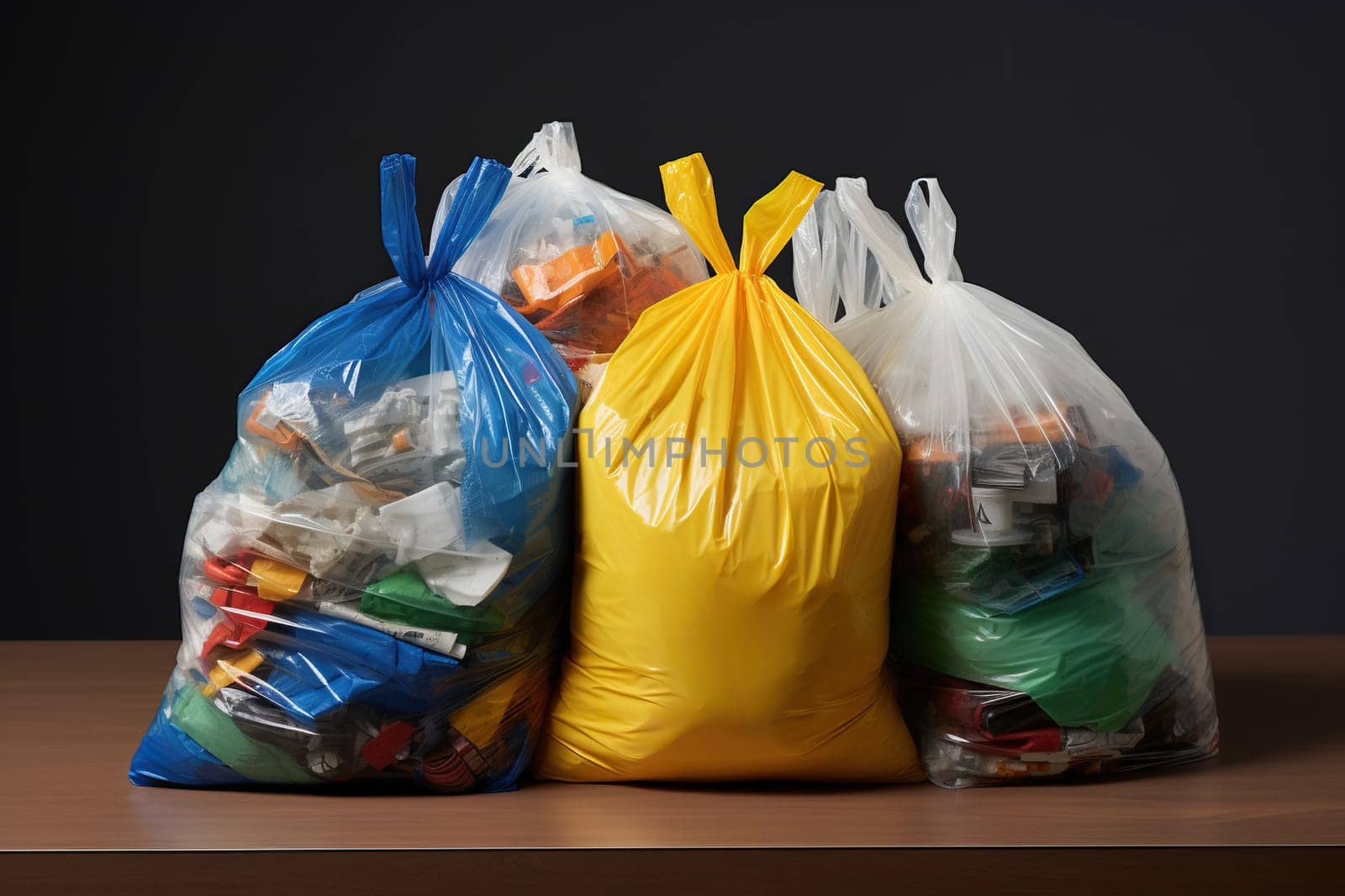 Bags with various garbage in the room.