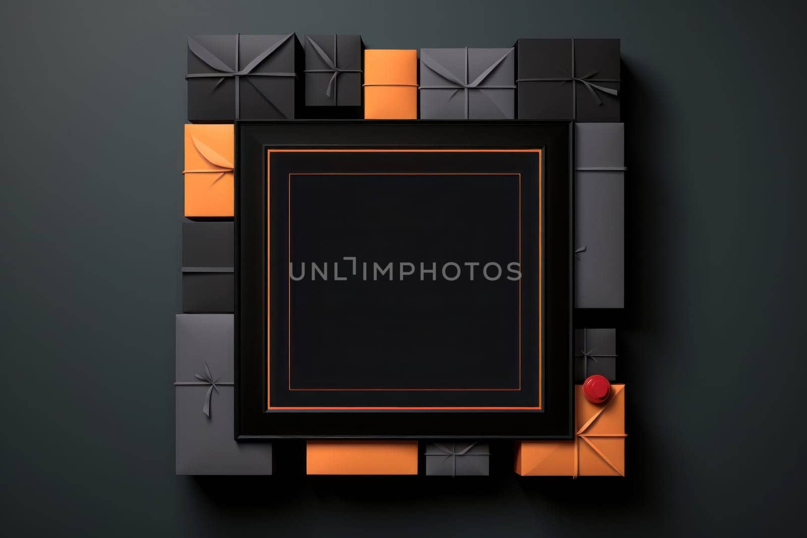Black Friday banner with gift boxes in top view. Generative AI.