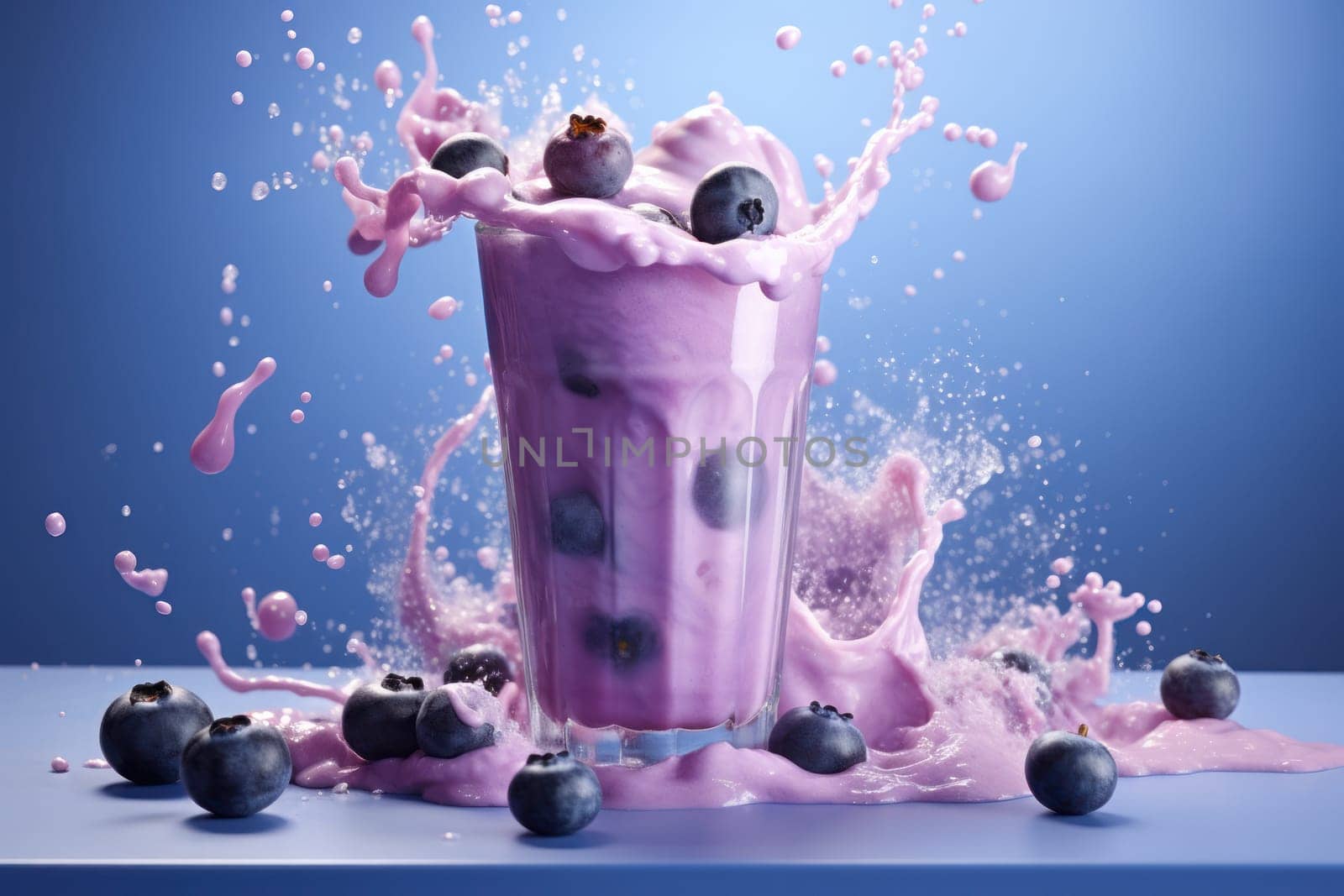 Blueberry smoothie frappe effect swirling wave blueberry milk splash around glass. Generative AI.