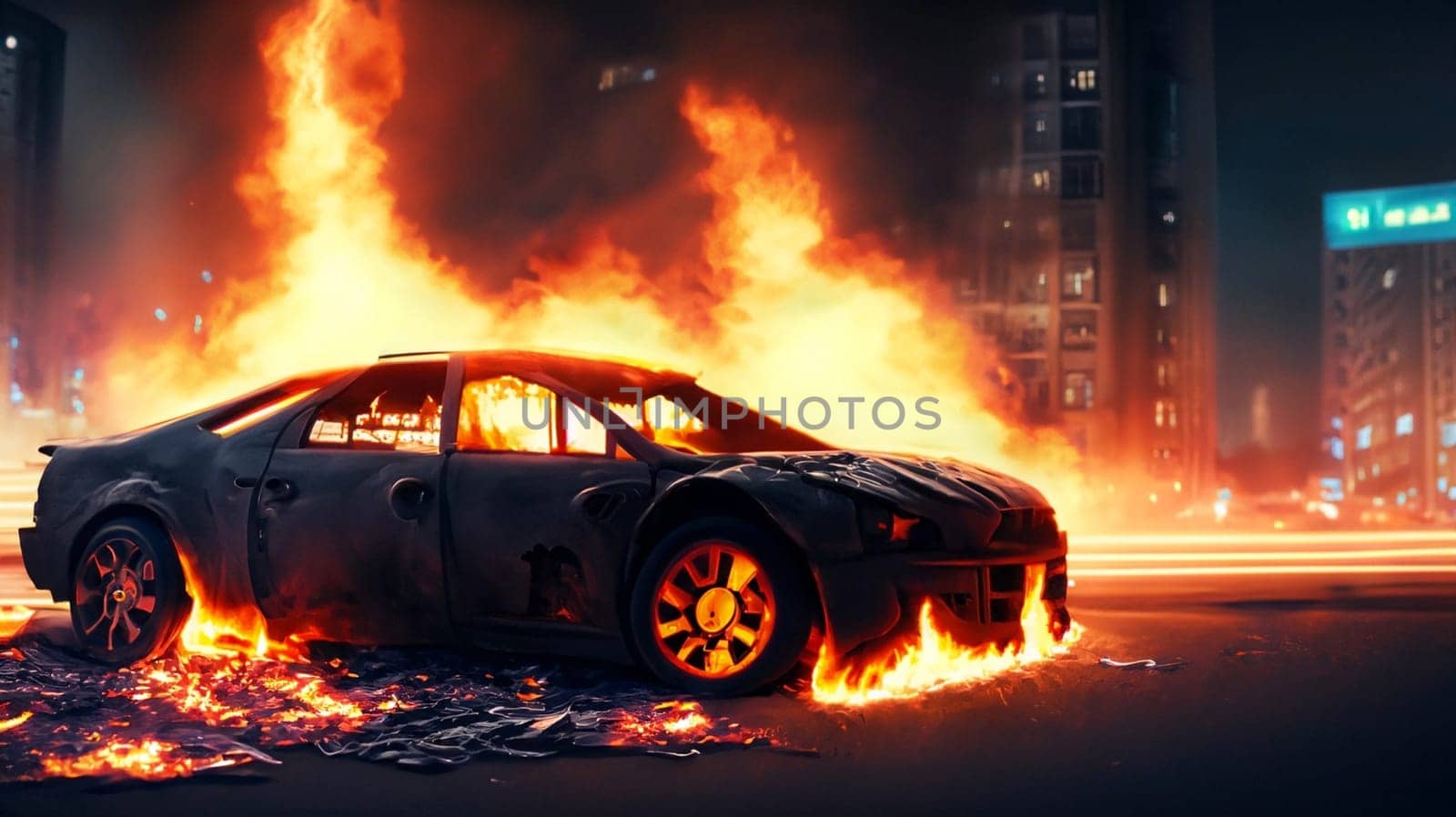 Disorders, protests in the Europa. Burning car on a city street, smoke and flames all around. Dispersal of demonstrations, patrolling during riots. Clashes on Europe streets, mixed media image. High quality photo