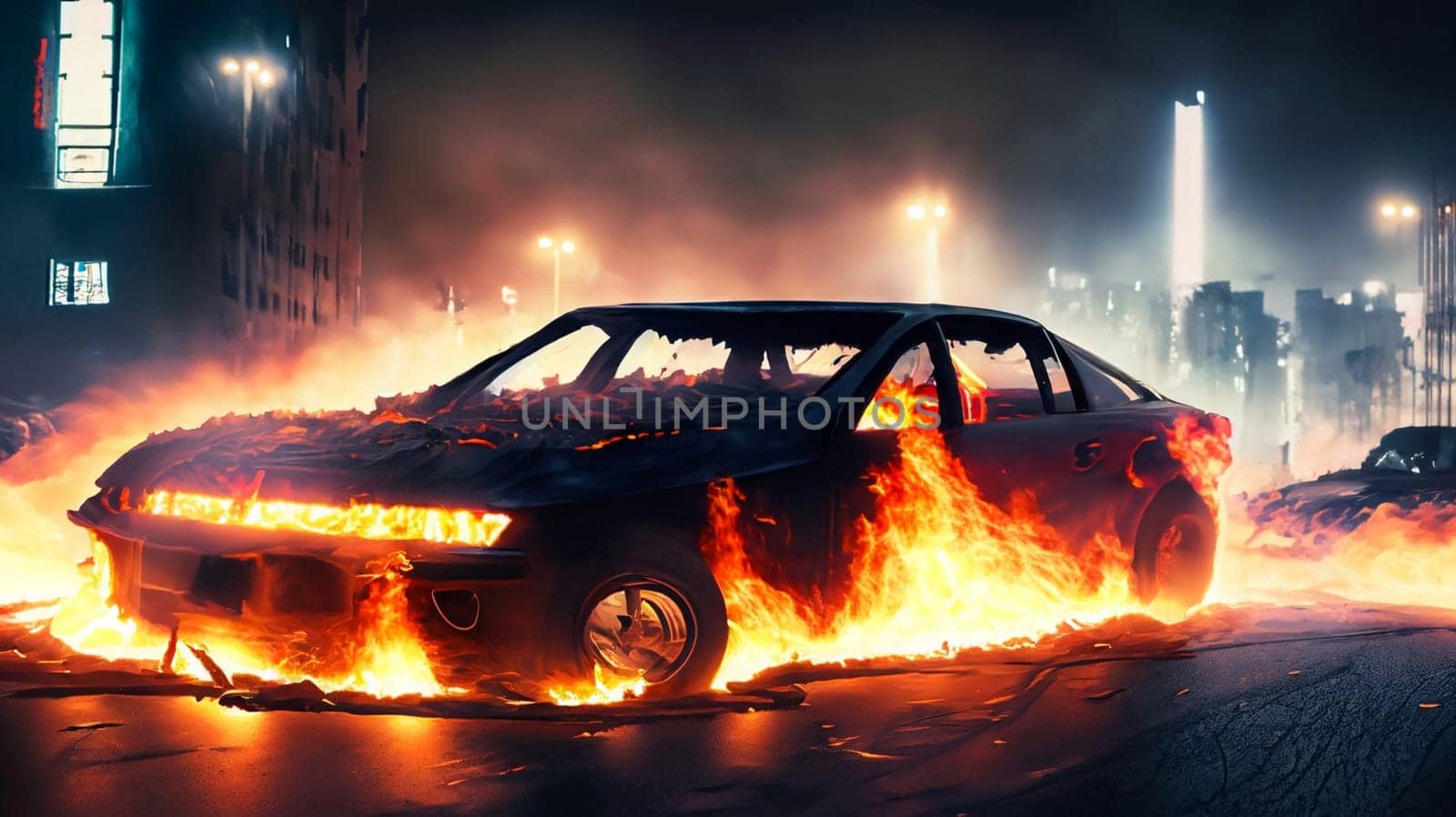 Disorders, protests in the Europa. Burning car on a city street, smoke and flames all around. Dispersal of demonstrations, patrolling during riots. Clashes on Europe streets, mixed media image. High quality photo