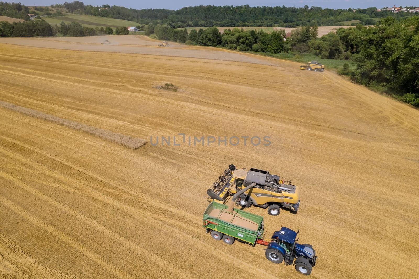 Wheat combines can cover vast areas in field, ensuring an efficient collection of crop.
