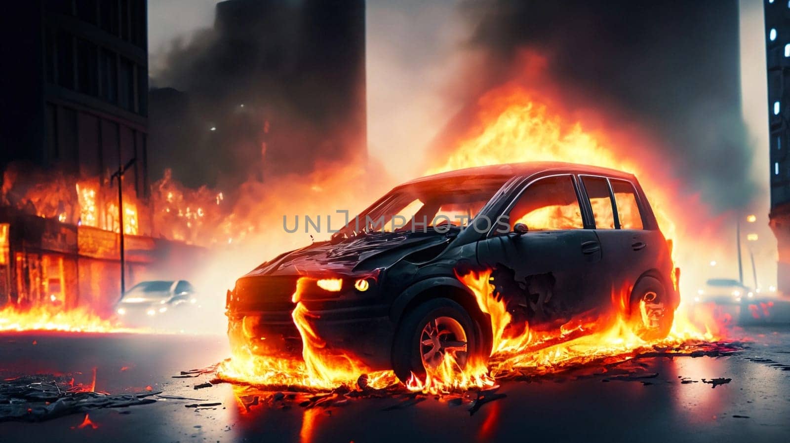 Disorders, protests in the Europa. Burning car on a city street, smoke and flames all around. Dispersal of demonstrations, patrolling during riots. Clashes on Europe streets, mixed media image. High quality photo
