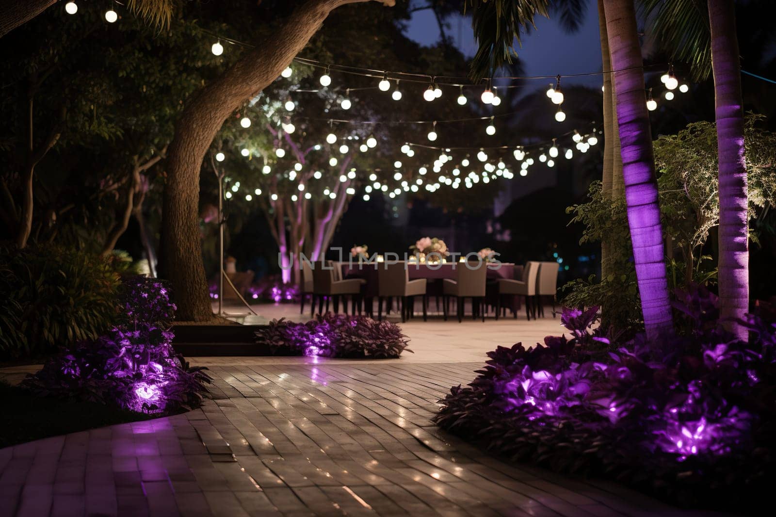 The restaurant of a luxury hotel with palm trees in beautiful evening lighting.