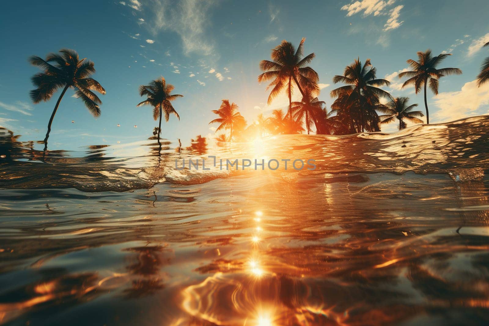 Image below and above water with a view of the seabed and palm trees.