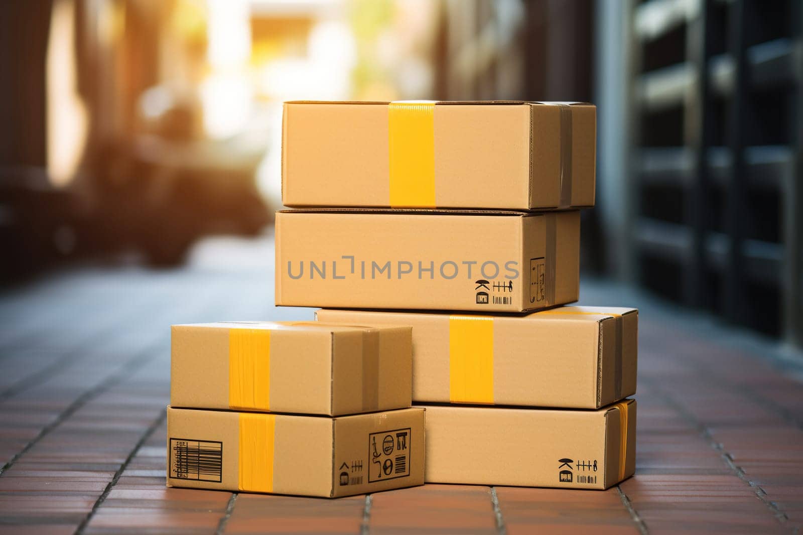 cardboard boxes are in a warehouse with bokeh background. The concept of logistics of cargo, parcels.