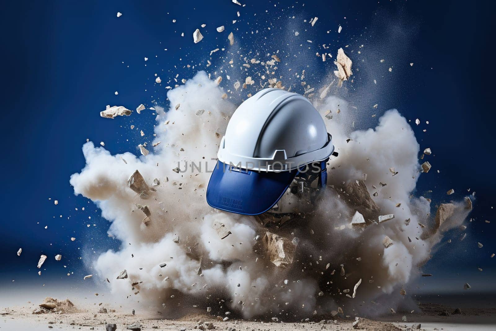 A whole white helmet in broken bricks on a green background. Industrial safety concept.