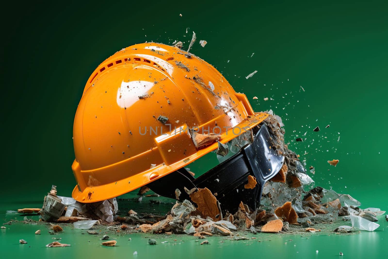 A whole orange helmet in broken bricks on a green background. Industrial safety concept.