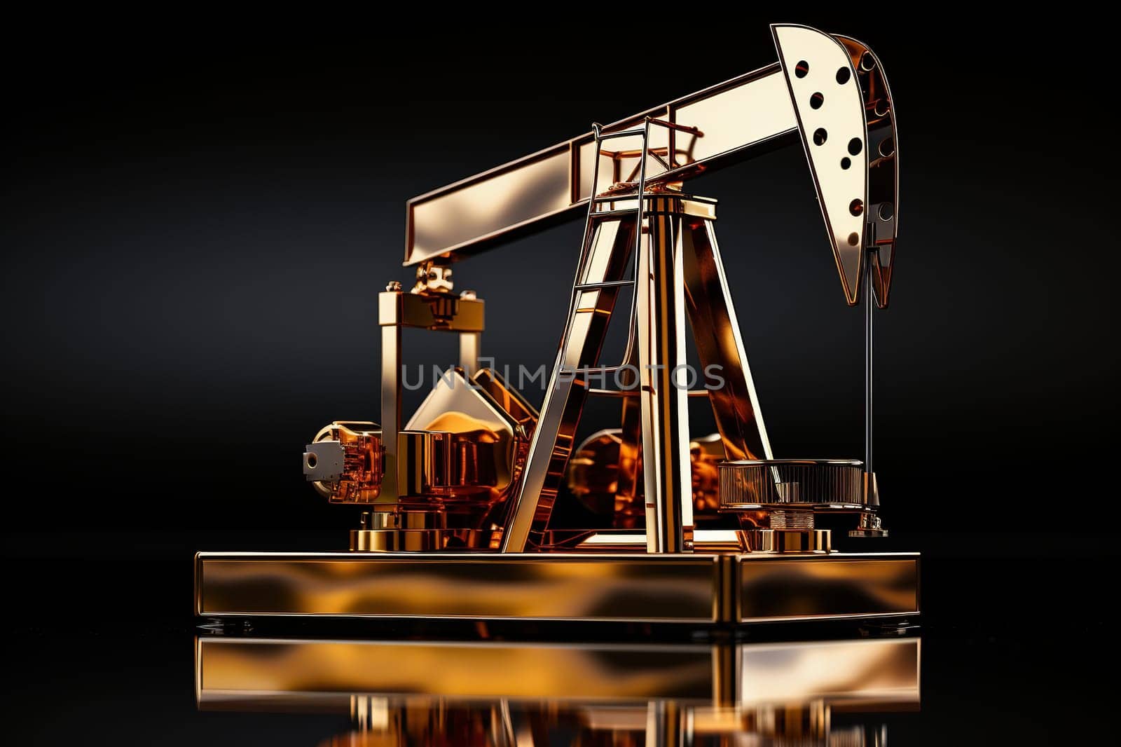 Gold model of an oil pump on a black mirror background.