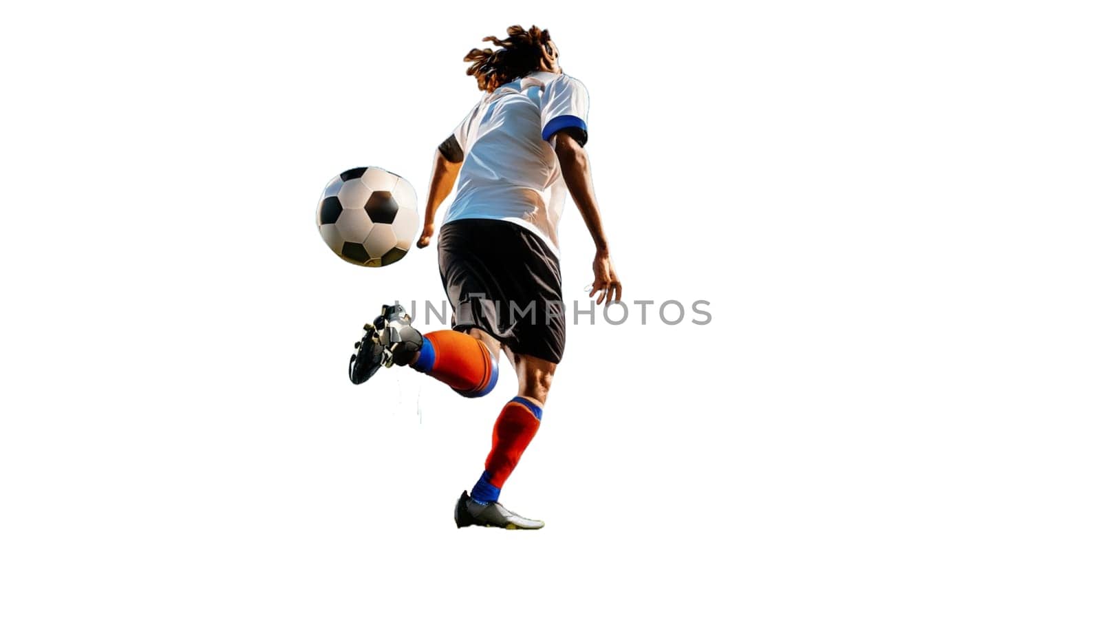 Young boy with soccer ball doing flying kick, isolated on white. football soccer players in motion on studio background. Fit jumping boy in action, jump, movement at game. High quality photo