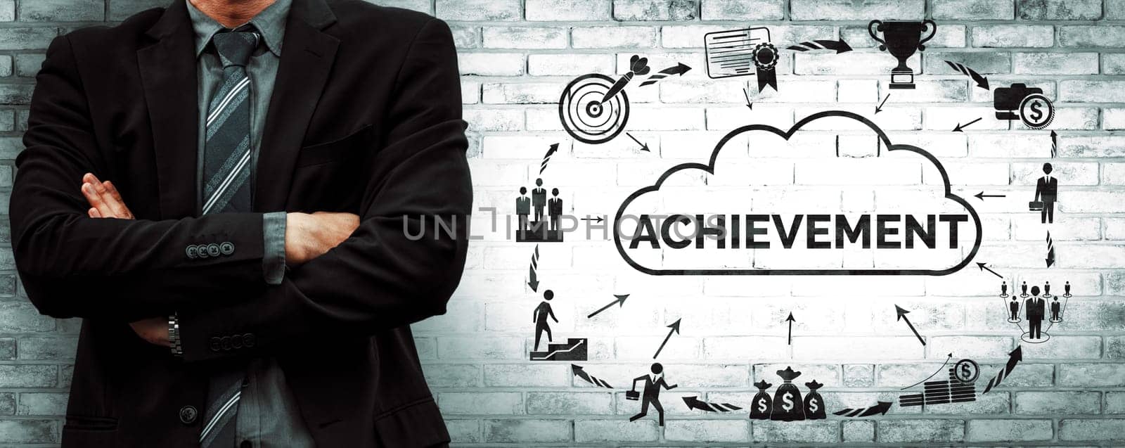 Achievement and Business Goal Success Concept - Creative business people with icon graphic interface showing employee reward giving for business success achievement. uds