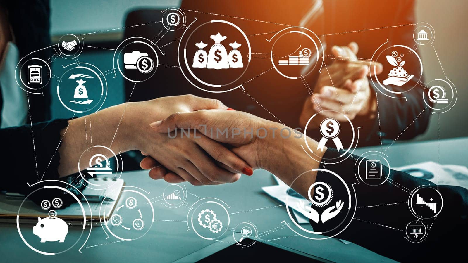 Finance and Money Transaction Technology Concept. Icon Graphic interface showing fintech trade exchange, profit statistics analysis and market analyst service in modern computer application.