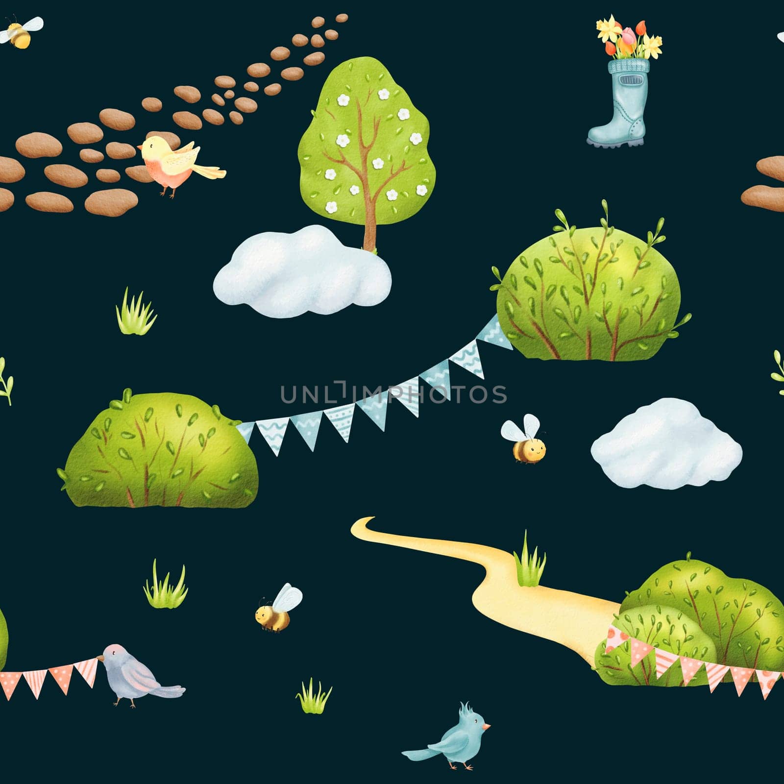 Seamless fairy pattern children's spring theme. Beautiful cartoon birds, naughty bees on the lawn in summer. Clouds, paths and birthday garlands. Fresh ornament for textiles, packaging and clothing
