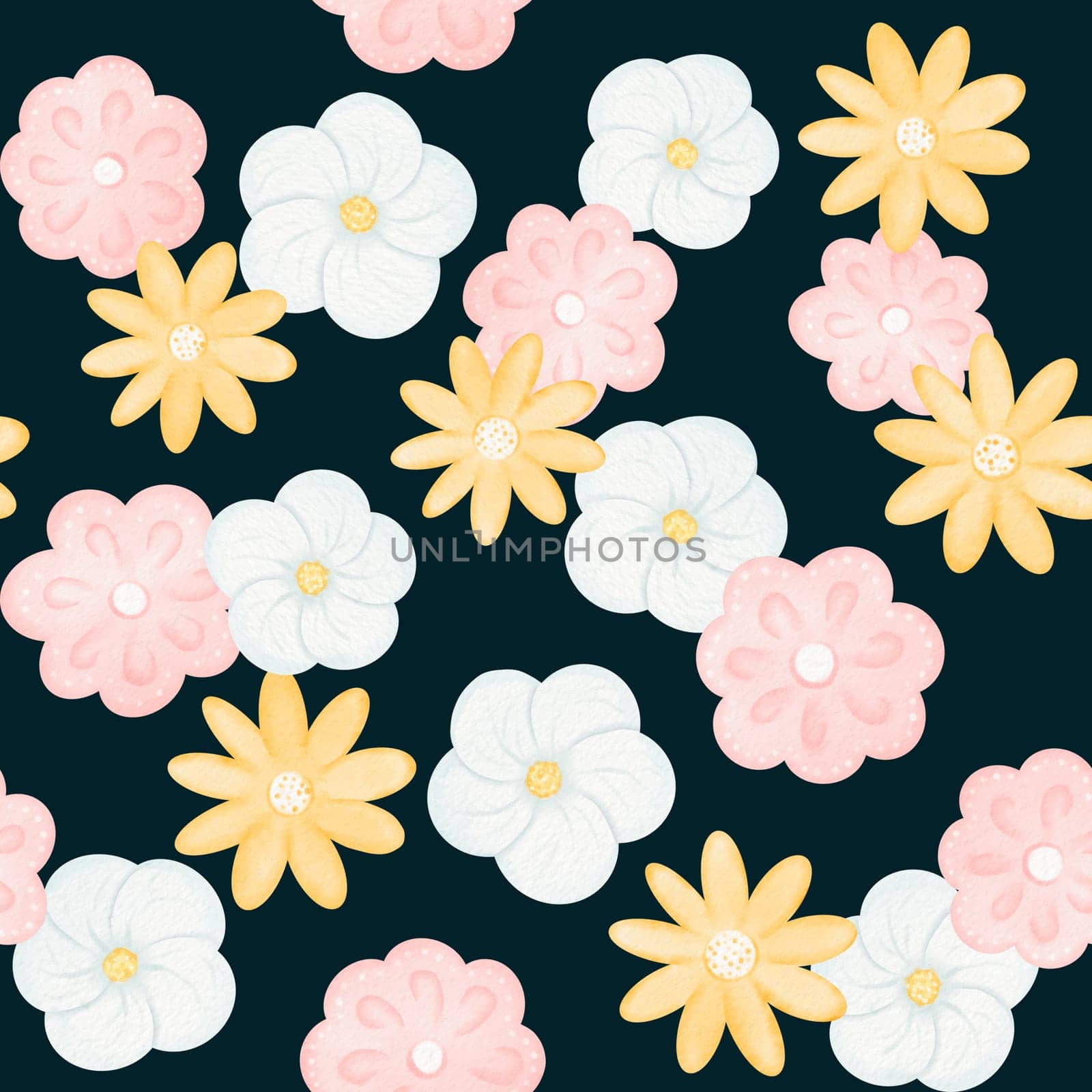 Seamless pattern of hand drawn doodle style cartoon decorative flowers. summer or spring themed for cards, greetings, invitations. Collection of ecology elements Digital watercolor hand-drawn style.