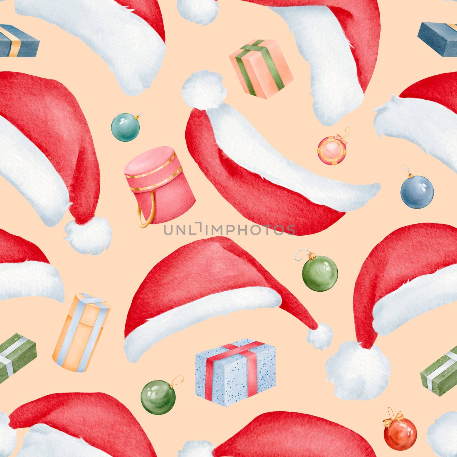 Seamless pattern. Presents. Santa Claus hat. Winter clothes. Christmas red hat in new year holiday cartoon design. for greeting card, postcards party invitations, posters, Pink background by Art_Mari_Ka