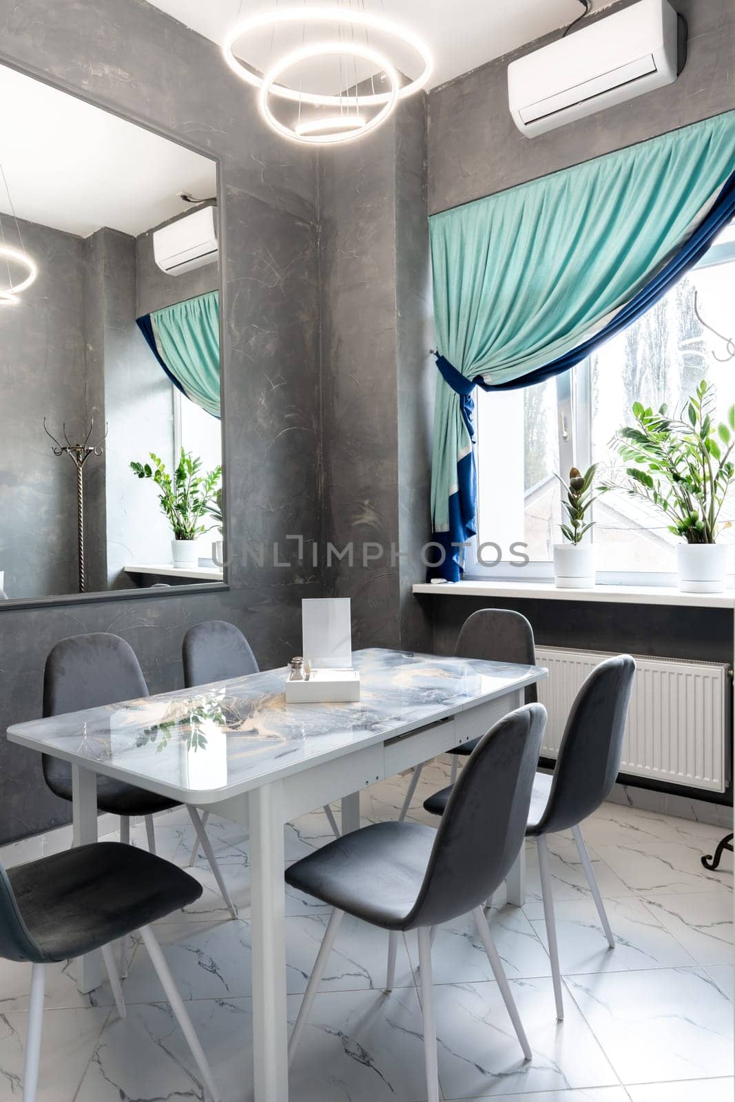 Interior of light colored canteen at the business center by Fabrikasimf