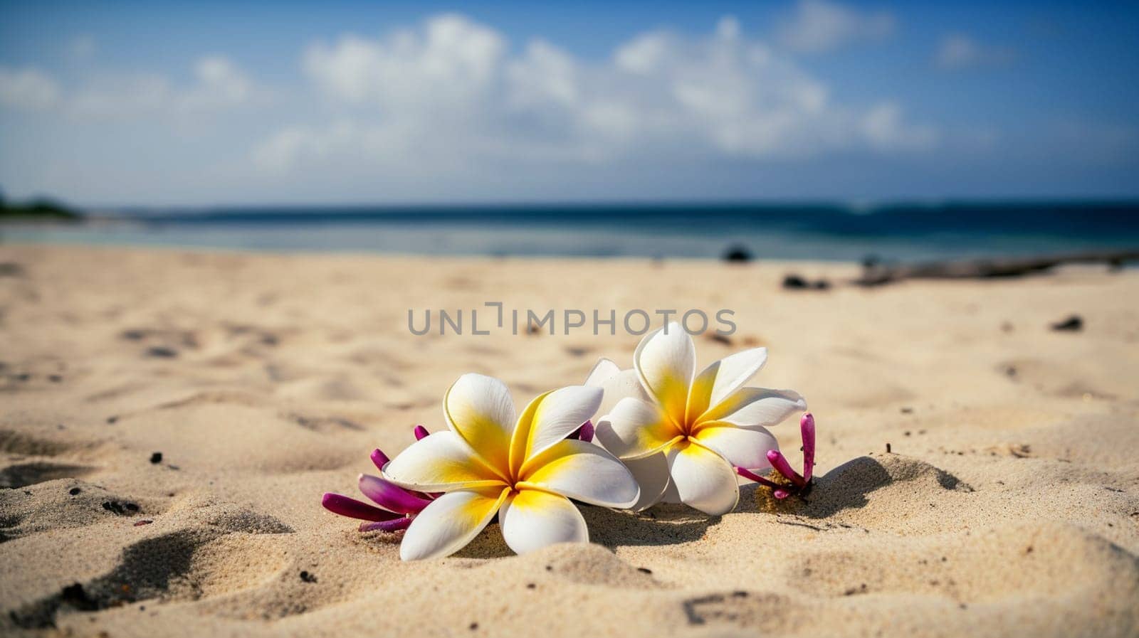 Plumeria flowers on the beach on the sand. selective focus. Generative AI, by mila1784